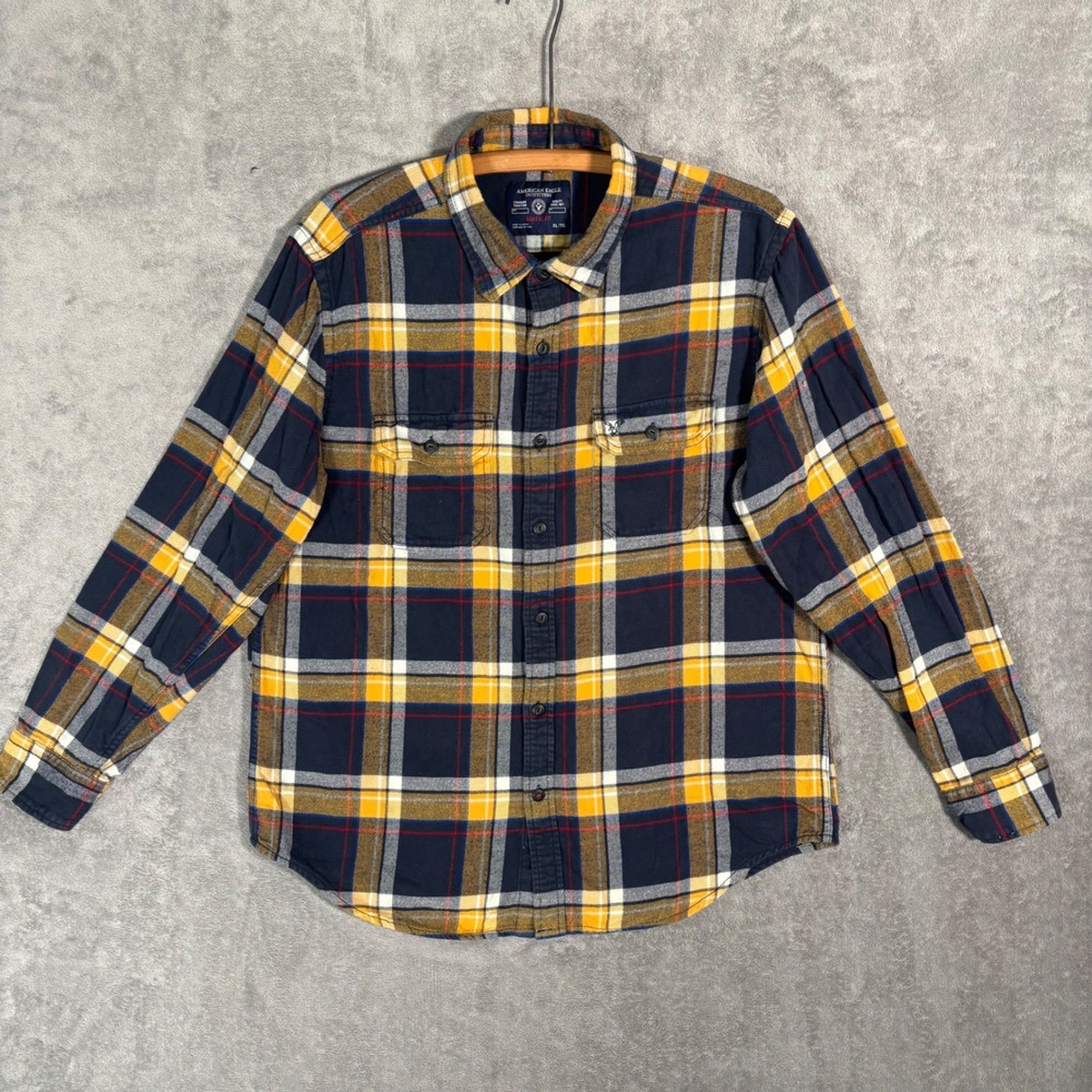 American Eagle Mens XL Athletic Fit Plaid Flannel Button Down Shirt Navy Yellow